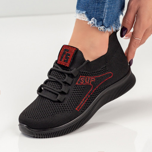 Pantofi sport dama negri cu strasuri rosii MDL03343
