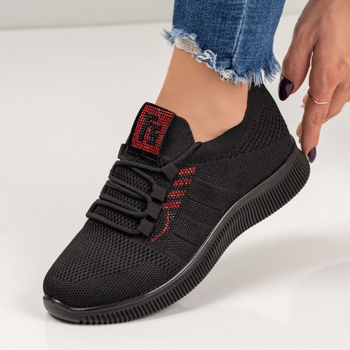 Pantofi sport dama negri cu strasuri rosii MDL03345