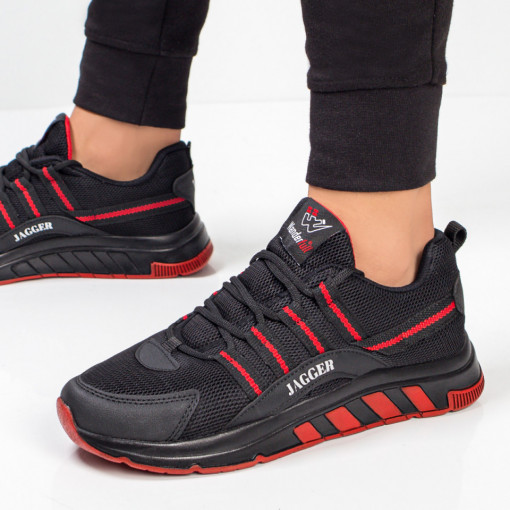 Adidasi clasici barbati, Pantofi sport negri cu rosu barbati din material textil MDL03612 - modlet.ro