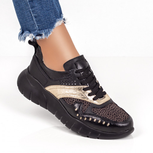Adidasi dama - Piele naturala, Pantofi sport negru cu auriu dama din Piele naturala MDL06409 - modlet.ro