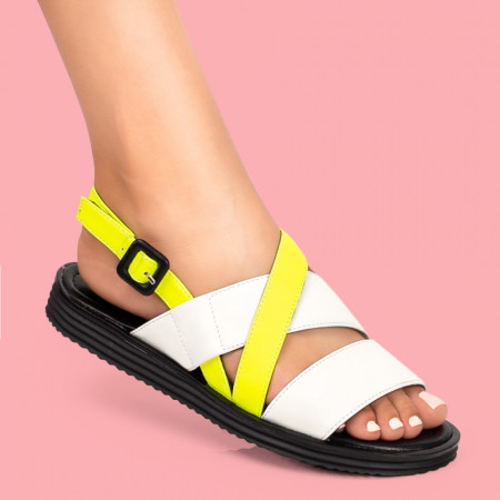 Reduceri  Sandale fara toc, Sandale dama cu talpa joasa albe cu galben MDL05224 - modlet.ro