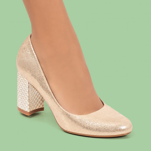 Pantofi aurii dama cu toc gros MDL02830