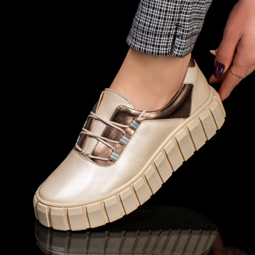 Pantofi casual trendy dama, Pantofi casual dama bej cu siret din Piele naturala MDL03566 - modlet.ro