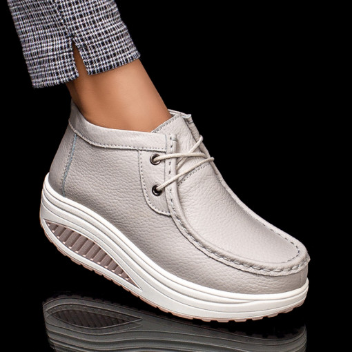 Pantofi casual piele cu platforma, Pantofi casual dama gri cu siret si platforma din Piele naturala MDL06371 - modlet.ro