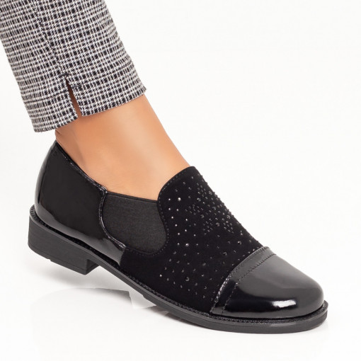 Pantofi casual dama negri cu insertii de material elastic si pietre aplicate MDL05973