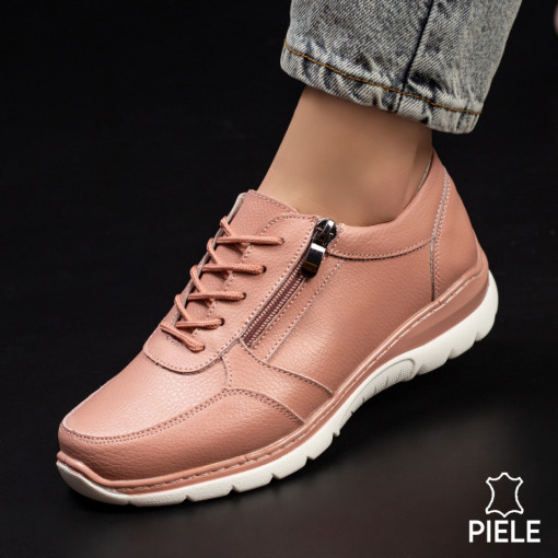 Lichidare stoc piele naturala, Pantofi casual dama roz cu siret si fermoar lateral din Piele naturala MDL00248 - modlet.ro