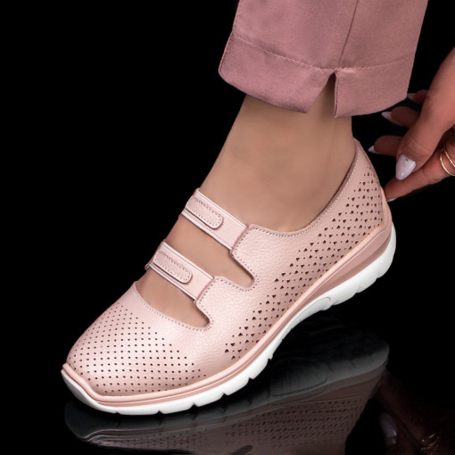 Pantofi dama casual - Piele naturala, Pantofi casual perforati dama roz din Piele cu barete elastice MDL04473 - modlet.ro