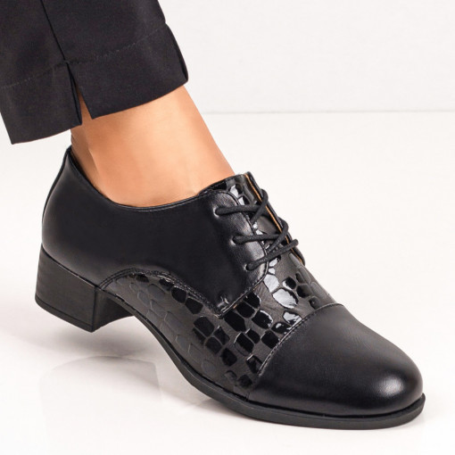 Pantofi cu toc mic dama, Pantofi cu toc mic dama negri cu siret MDL06273 - modlet.ro