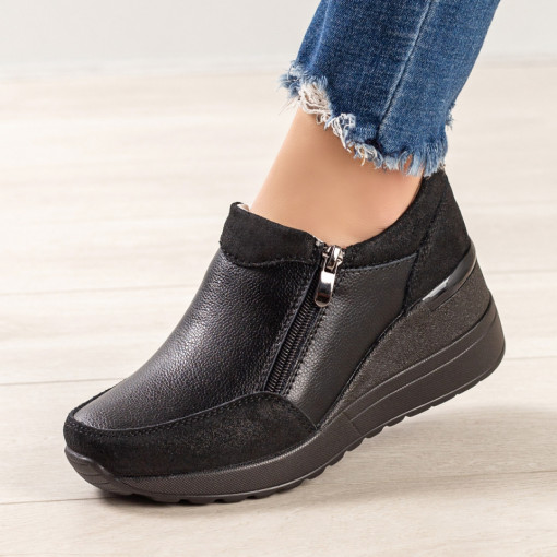 Pantofi casual piele cu platforma, Pantofi dama negri cu platforma din Piele naturala MDL00537 - modlet.ro