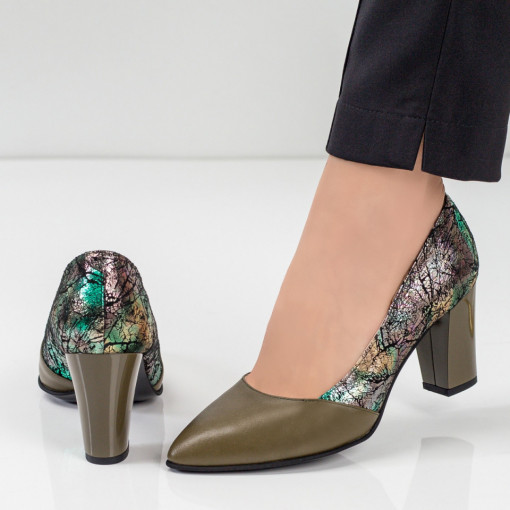 Pantofi cu toc gros dama, Pantofi eleganti cu toc dama verzi din Piele naturala MDL033888 - modlet.ro