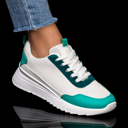 Adidasi dama, Pantofi sport albi cu verde si talpa groasa MDL05867 - modlet.ro