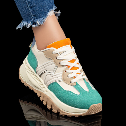 Oferta zilei, Pantofi sport cu talpa groasa dama bej cu verde si portocaliu MDL07837 - modlet.ro