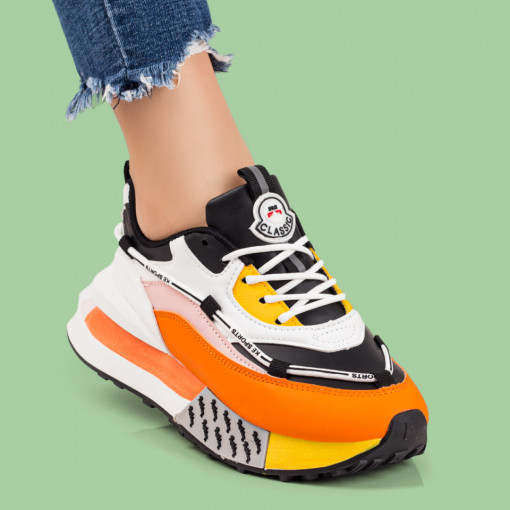 Oferta zilei, Pantofi sport dama albi cu portocaliu si negru MDL07828 - modlet.ro