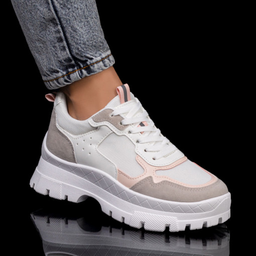 Pantofi sport dama albi cu roz si bej MDL05838