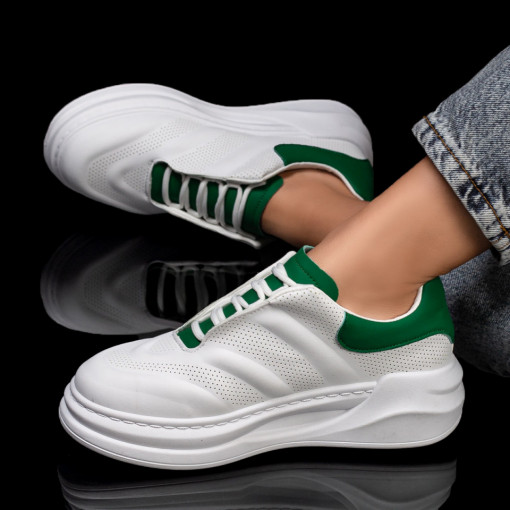 Adidasi dama, Pantofi sport dama albi cu verde si talpa groasa MDL05919 - modlet.ro