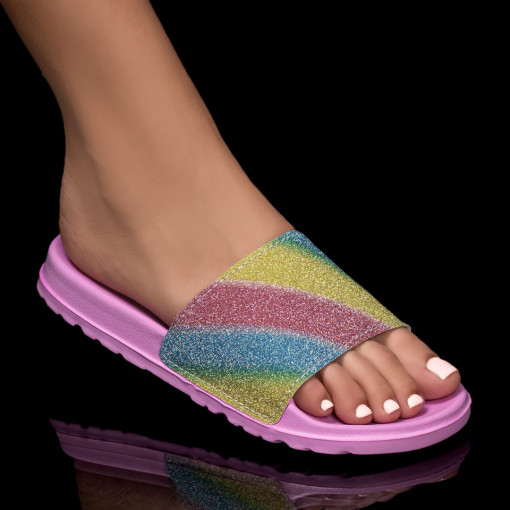 Reduceri Papuci si slapi Dama, Papuci dama de plaja roz cu model multicolor MDL05315 - modlet.ro
