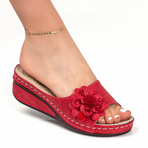Clasic, Papuci dama rosii cu platforma si floare decorativa MDL05054 - modlet.ro