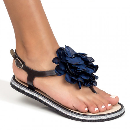Reduceri  Sandale fara toc, Sandale dama negre cu talpa joasa si floare decorativa MDL05146 - modlet.ro
