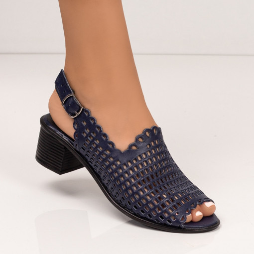 Sandale cu toc din piele naturala, Sandale dama perforate albastre cu toc gros din Piele MDL05178 - modlet.ro