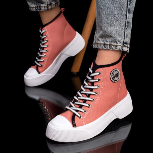 Sneakers dama, Sneakers cu talpa groasa dama roz din material textil MDL03746 - modlet.ro