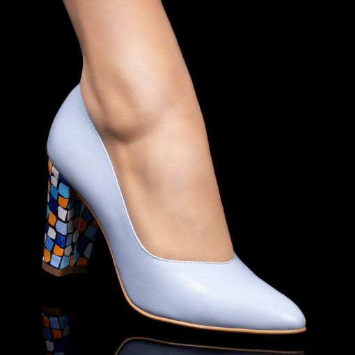 Pantofi cu toc din piele naturala, Pantofi albastri dama cu toc multicolor din Piele naturala MDL03561 - modlet.ro
