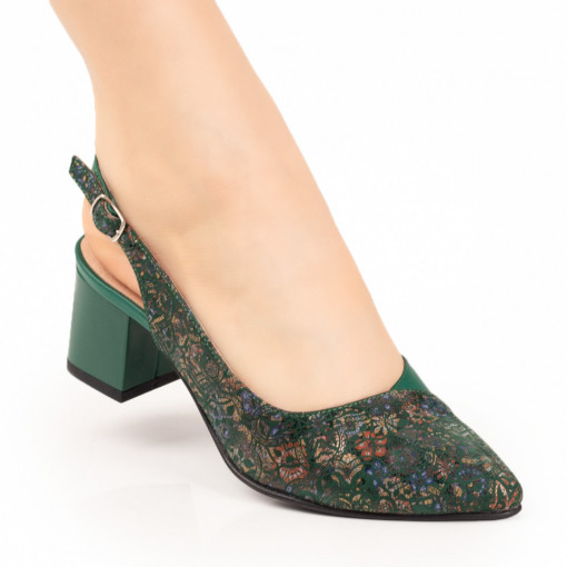 Pantofi cu toc gros dama, Pantofi cu toc dama verzi cu imprimeu floral din Piele naturala MDL07639 - modlet.ro