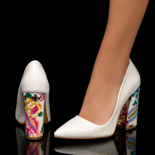 Pantofi trendy cu toc gros, Pantofi dama albi cu toc multicolor gros MDL05640 - modlet.ro