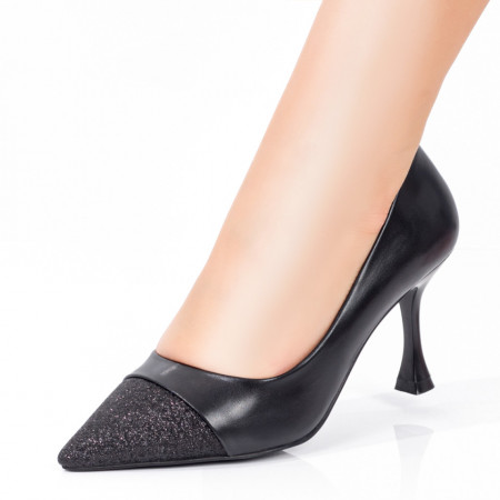 Pantofi dama cu toc conic negri glitter MDL08384