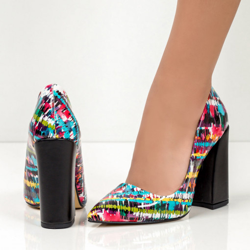 Pantofi trendy cu toc gros, Pantofi dama multicolor cu toc negru gros MDL05640 - modlet.ro