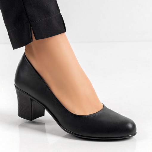 Pantofi cu toc din piele naturala, Pantofi dama negri cu toc gros din Piele MDL06406 - modlet.ro