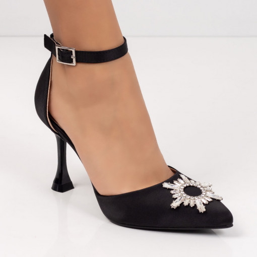 Pantofi Stiletto trendy, Pantofi negri Stiletto dama cu toc conic si accesoriu decorativ MDL05658 - modlet.ro