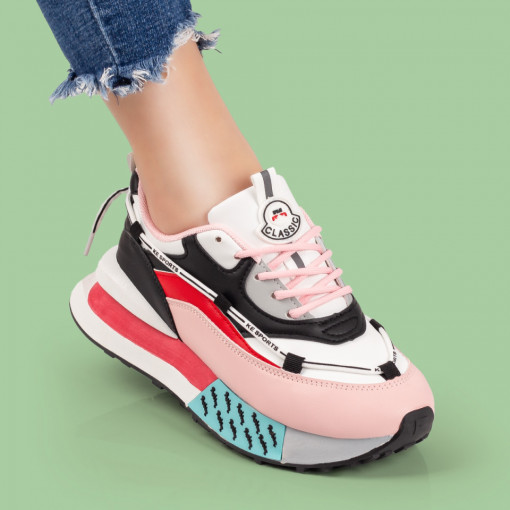 Pantofi sport dama albi cu roz si negru MDL07828
