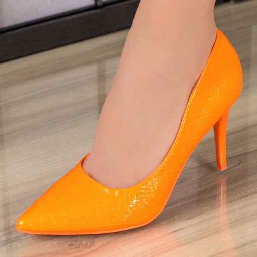 Pantofi Stiletto, Pantofi Stiletto dama portocalii din piele ecologica MDL01534 - modlet.ro