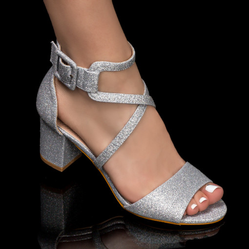 Sandale trendy cu toc gros, Sandale elegante dama cu toc gros si glitter argintiu MDL05032 - modlet.ro