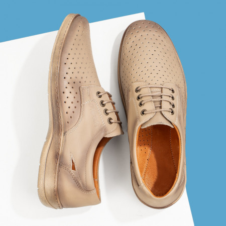 Pantofi casual barbati bej cu siret si perforatii din Piele naturala MDL08935