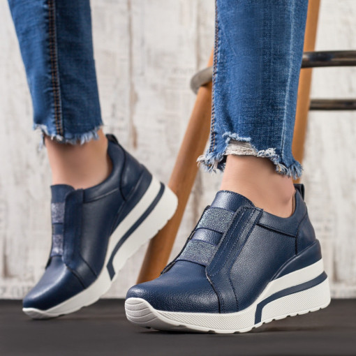 Pantofi casual piele cu platforma, Pantofi casual dama albastri din Piele naturala cu platforma MDL02879 - modlet.ro