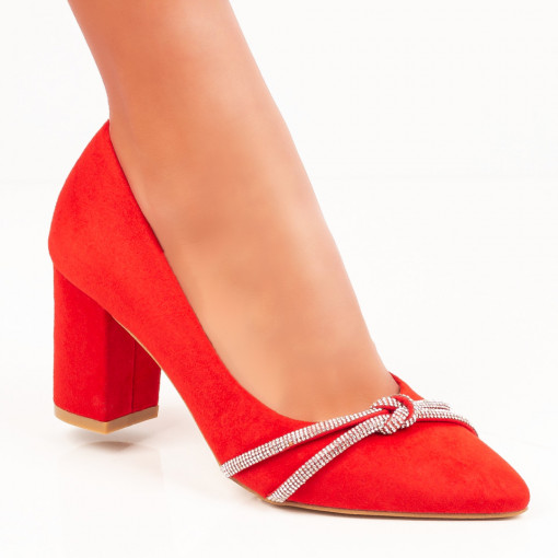 Dama - Trendy, Pantofi cu toc gros dama rosii suede cu accesoriu cu pietre aplicate MDL06918 - modlet.ro