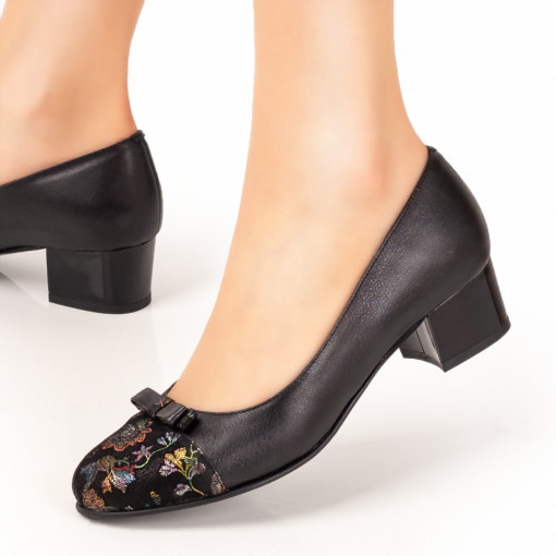 Pantofi cu toc, Pantofi cu toc mic si fundita dama negri din Piele naturala MDL07633 - modlet.ro