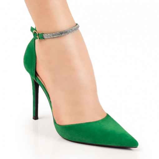 Reduceri Pantofi dama, Pantofi cu toc si bareta cu insertie de pietre verde suede MDL07826 - modlet.ro