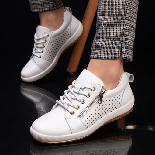 Pantofi casual trendy dama, Pantofi dama casual albi cu perforatii si fermoar decorativ MDL04388 - modlet.ro