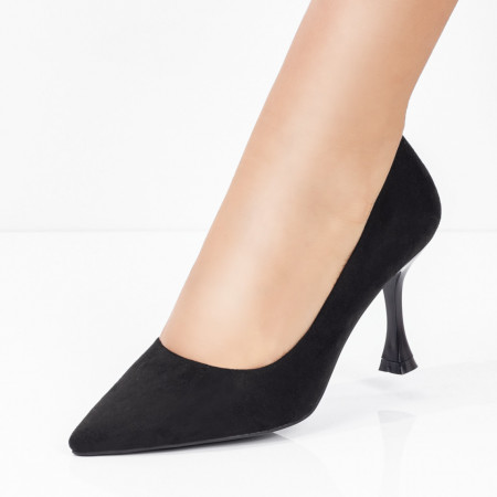 Pantofi dama cu toc conic negru suede MDL08380