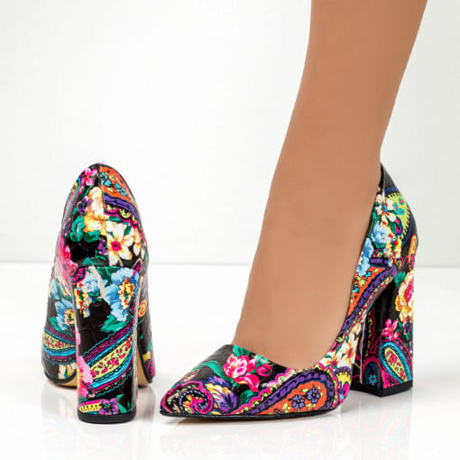 Pantofi trendy cu toc gros, Pantofi dama multicolor cu toc gros MDL05640 - modlet.ro