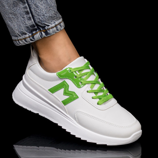 Adidasi dama, Pantofi sport alb cu verde dama cu siret si talpa groasa MDL06310 - modlet.ro