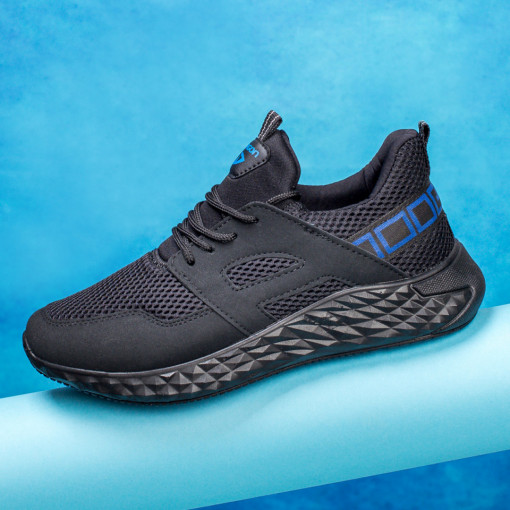 Adidasi clasici barbati, Pantofi sport negri cu albastru barbati din material textil MDL03610 - modlet.ro