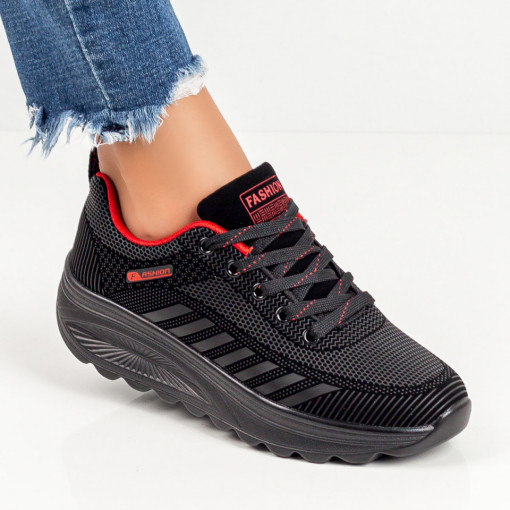 Pantofi sport dama, Pantofi sport negru cu rosu dama si siret MDL01616 - modlet.ro