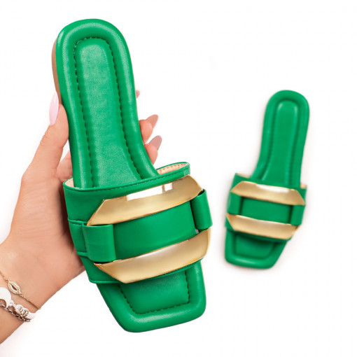 Trendy, Papuci casual verzi dama cu talpa joasa si accesoriu auriu MDL05492 - modlet.ro