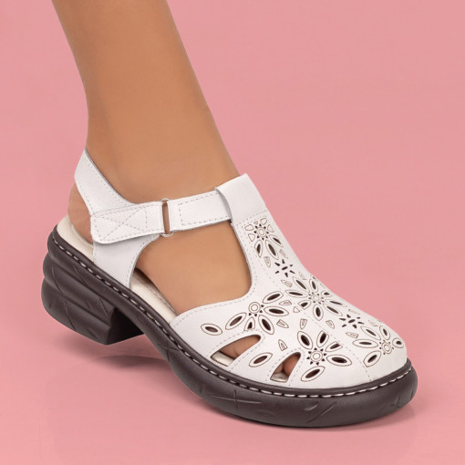 Sandale cu toc din piele naturala, Sandale casual dama albe cu toc perforate din Piele MDL05431 - modlet.ro