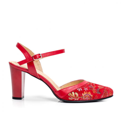 Sandale cu toc din piele naturala, Sandale dama rosii elegante cu toc conic din Piele MDL05388 - modlet.ro