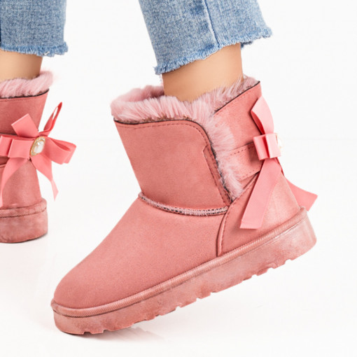 Cizme dama, Cizme scurte roz suede imblanite de dama cu fundita la spate MDL07105 - modlet.ro