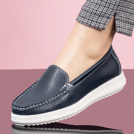 Mocasini dama perforati din piele naturala albastri inchis MDL01498
